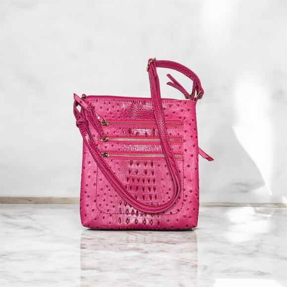 Ostrich Embossed Messenger Bag With Multi Front-Zipped Crossbody Pink - Picture 2 of 9